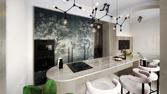BUTIKOVÝ BYT - Vysoké skříně kuchyně s tapetovým povrchem Wall and deco. Designová svítidla nad ostrůvkem zajišťují dostatečné osvětlení prostoru. Pracovní deska ostrůvku je leštěný travertin. Sezení u ostrůvku je na nižších barových stoličkách